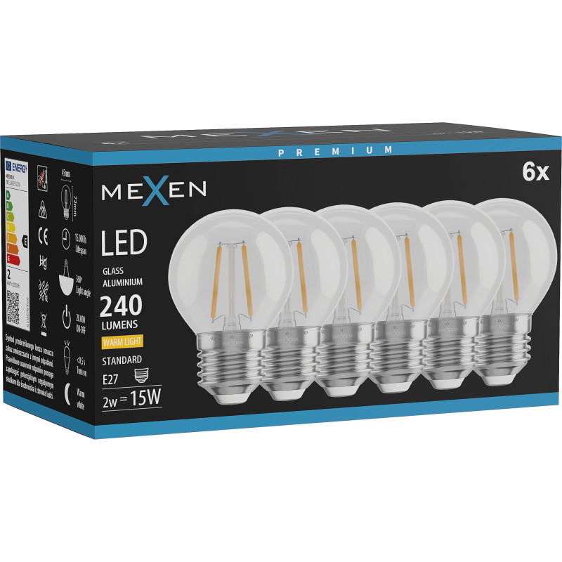 Mexen Vintis 6x Ampoule à filament LED E27, G45, 2W, Chaude - 2700K, 240 lm, transparente - L156-E27-0227-00x06
