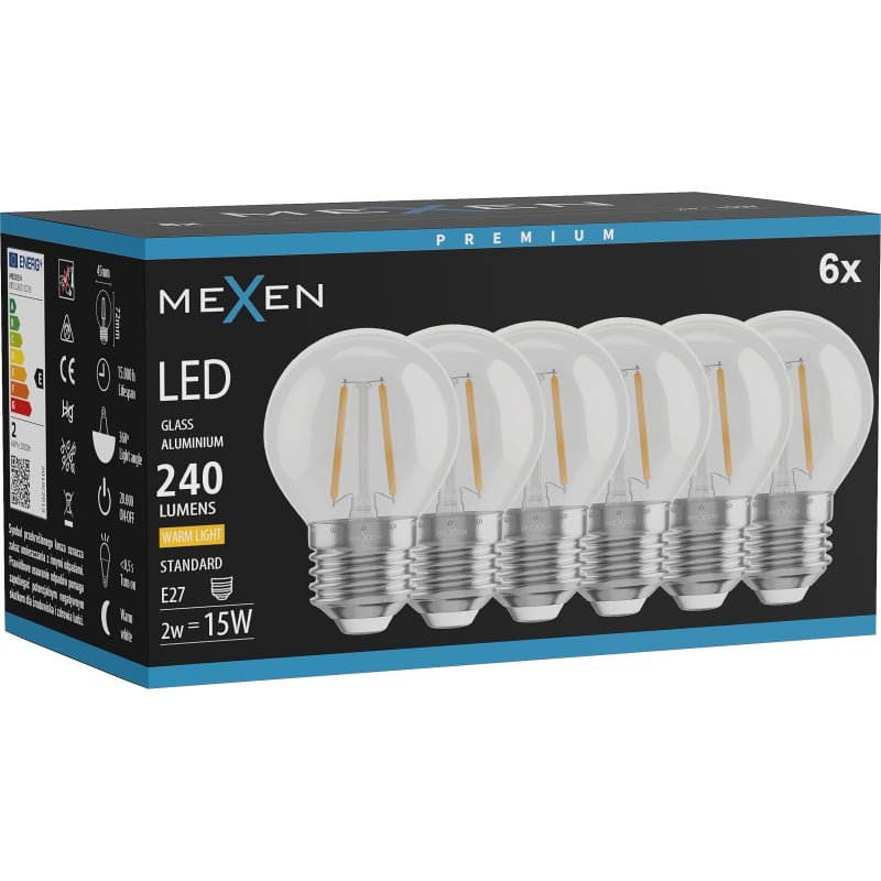 Mexen Vintis 6x LED-Filament-Lampe E27, G45, 2W, Warm - 2700K, 240 lm, klar - L156-E14-0227-00x06 - L156-E27-0227-00x06