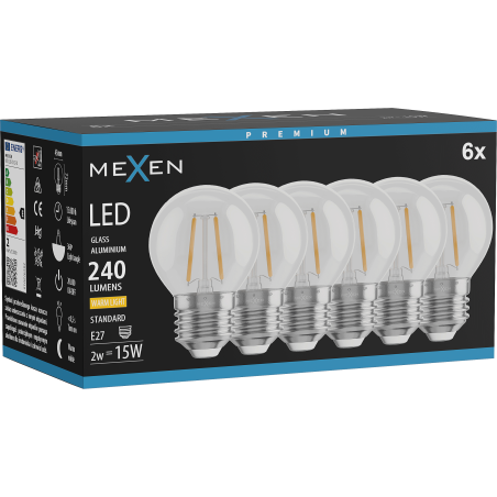 Mexen Vintis 6x Ampoule à filament LED E27, G45, 2W, Chaude - 2700K, 240 lm, transparente - L156-E27-0227-00x06