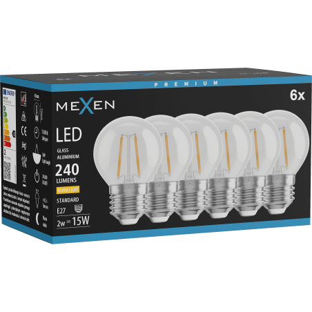 Mexen Vintis 6x żarówka filament LED E27, G45, 2W, Ciepła - 2700K, 240 lm, clear - L156-E27-0227-00x06