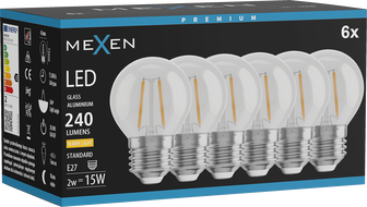 Mexen Vintis 6x LED filament žarnica E27, G45, 2W, Topla - 2700K, 240 lm, prozorno - L156-E14-0227-00x06 - L156-E27-0227-00x06
