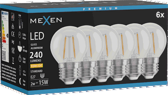 Mexen Vintis 6x LED kvēlspuldze E27, G45, 2W, Silta - 2700K, 240 lm, caurspīdīga - L156-E14-0227-00x06 - L156-E27-0227-00x06