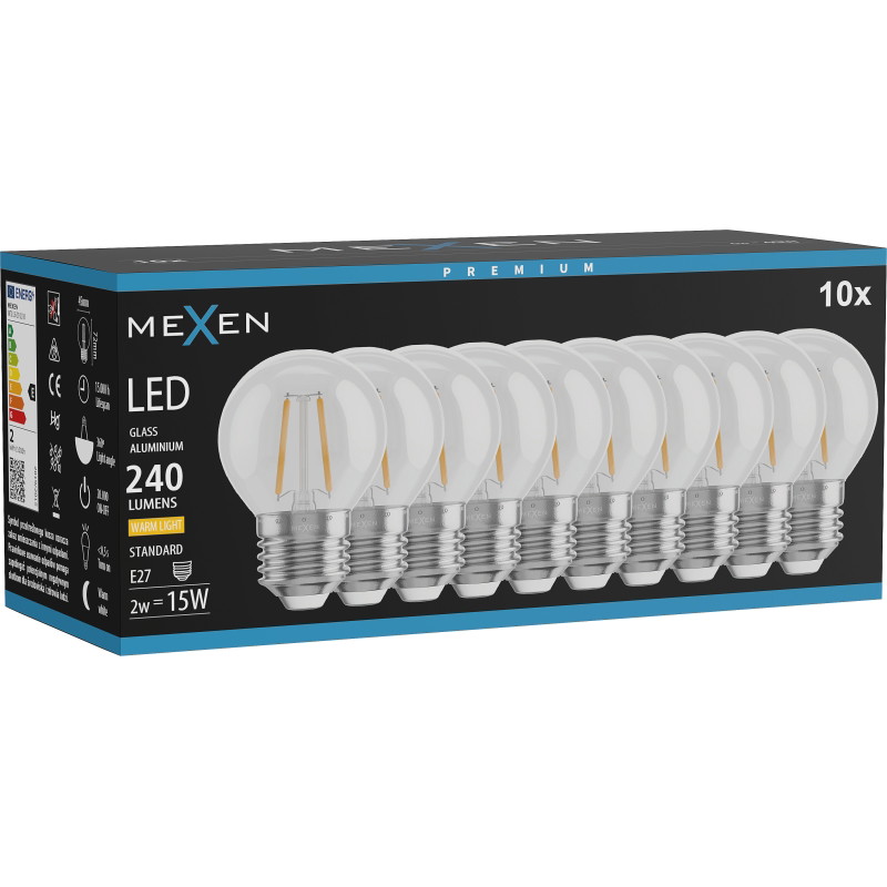 Mexen Vintis 10x Lampadina a filamento LED E27, G45, 2W, Calda - 2700K, 240 lm, trasparente - L156-E27-0227-00x10