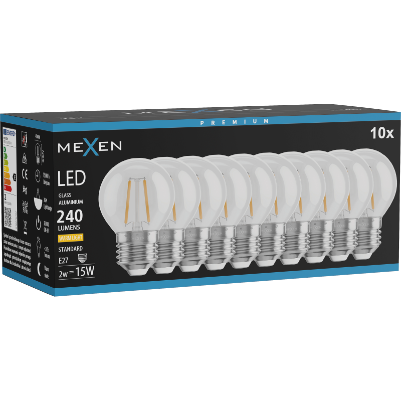 Mexen Vintis 10x LED-Filamentlampe E27, G45, 2W, Warm - 2700K, 240 lm, klar - L156-E14-0227-00x10 - L156-E27-0227-00x10