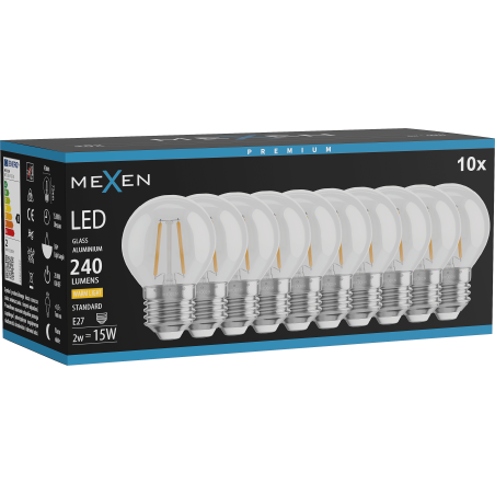 Mexen Vintis 10x LED-Filamentlampe E27, G45, 2W, Warm - 2700K, 240 lm, klar - L156-E14-0227-00x10 - L156-E27-0227-00x10