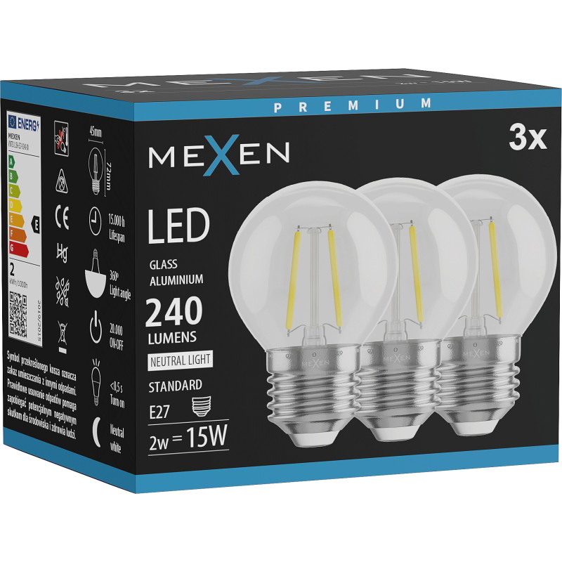 Mexen Vintis 3x Bombilla de filamento LED E27, G45, 2W, Neutral - 4000K, 240 lm, transparente - L156-E27-0227-00x03