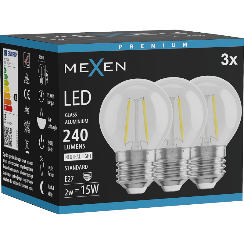 Mexen Vintis 3x LED kvēldiega spuldze E27, G45, 2W, Neitrāla - 4000K, 240 lm, caurspīdīga - L156-E14-0227-00x03