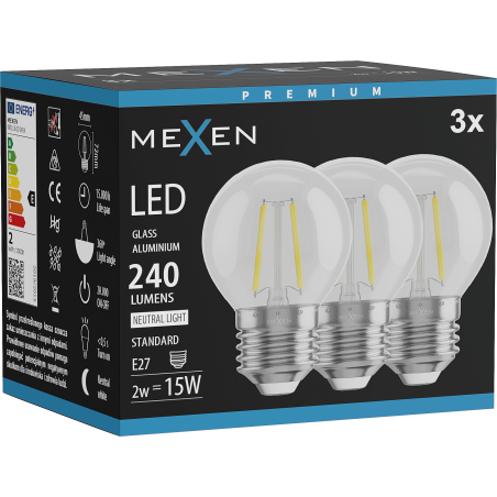 Mexen Vintis 3x żarówka filament LED E27, G45, 2W, Neutralna - 4000K, 240 lm, clear - L156-E14-0227-00x03