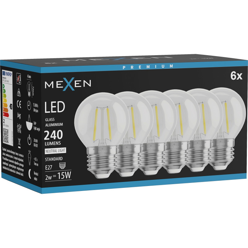 Mexen Vintis 6x Ampoule filament LED E27, G45, 2W, Neutre - 4000K, 240 lm, clair - L156-E27-0227-00x06 - L156-E27-0240-00x06