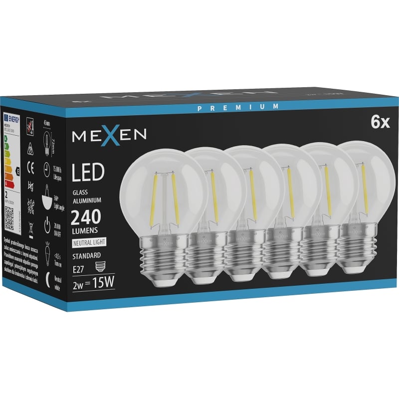 Mexen Vintis 6x Lampadina a filament LED E27, G45, 2W, Neutro - 4000K, 240 lm, trasparente - L156-E14-0227-00x06