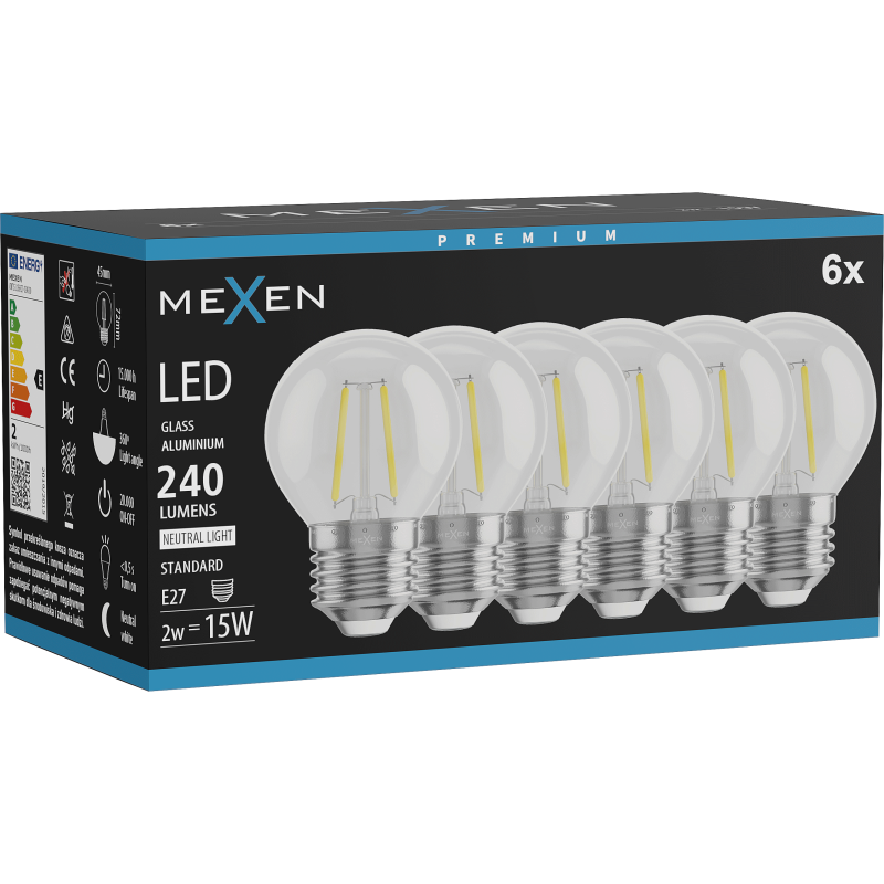 Mexen Vintis 6x LED filamenta spuldze E27, G45, 2W, Neitrāla - 4000K, 240 lm, dzidrs - L156-E14-0227-00x06