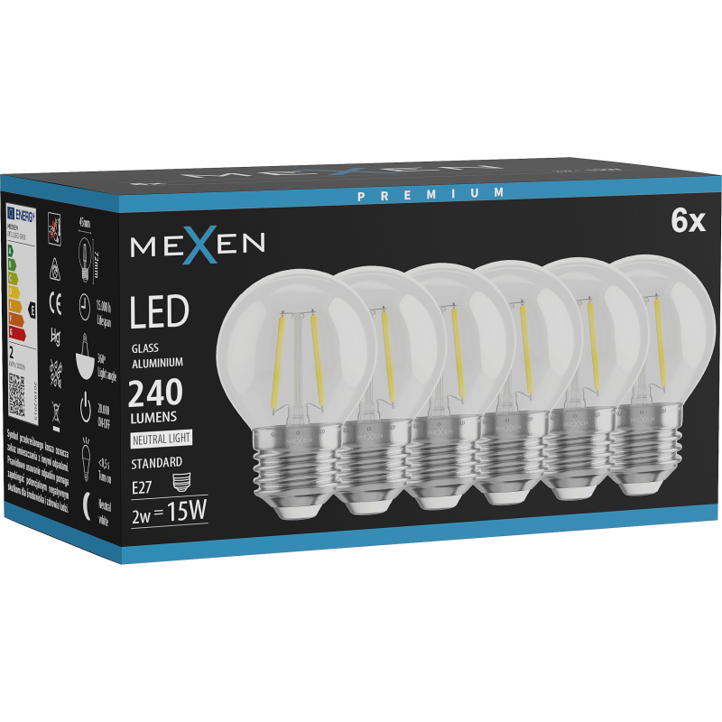 Mexen Vintis 6x żarówka filament LED E27, G45, 2W, Neutralna - 4000K, 240 lm, clear - L156-E27-0227-00x06