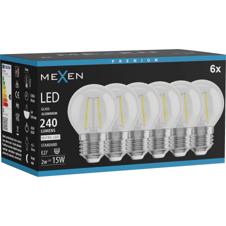 Mexen Vintis 6x Bombilla de filamento LED E27, G45, 2W, Neutra - 4000K, 240 lm, transparente - L156-E27-0227-00x06