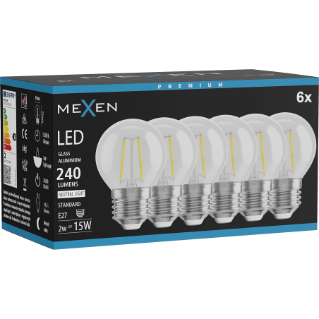 Mexen Vintis 6x Lampadina a filament LED E27, G45, 2W, Neutro - 4000K, 240 lm, trasparente - L156-E14-0227-00x06