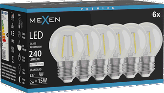 Mexen Vintis 6x Filament LED-lampa E27, G45, 2W, Neutral - 4000K, 240 lm, klar - L156-E27-0227-00x06 - L156-E27-0240-00x06