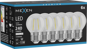 Mexen Vintis 6x LED-Filament-Glühbirne E27, G45, 2W, Neutral - 4000K, 240 lm, klar - L156-E14-0227-00x06 - L156-E27-0240-00x06