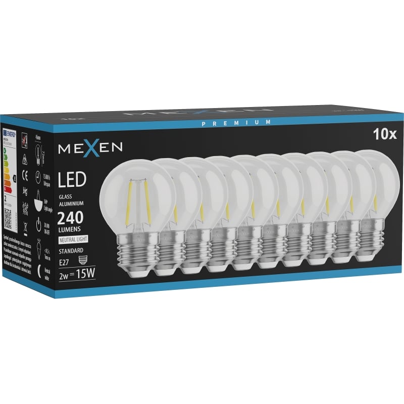 Mexen Vintis 10x Bombilla de filamento LED E27, G45, 2W, Neutral - 4000K, 240 lm, transparente - L156-E27-0227-00x10