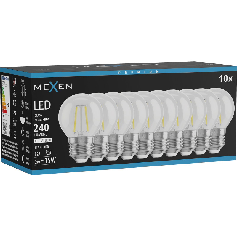 Mexen Vintis 10x Lampadina LED a filamento E27, G45, 2W, Neutro - 4000K, 240 lm, chiaro - L156-E27-0227-00x10