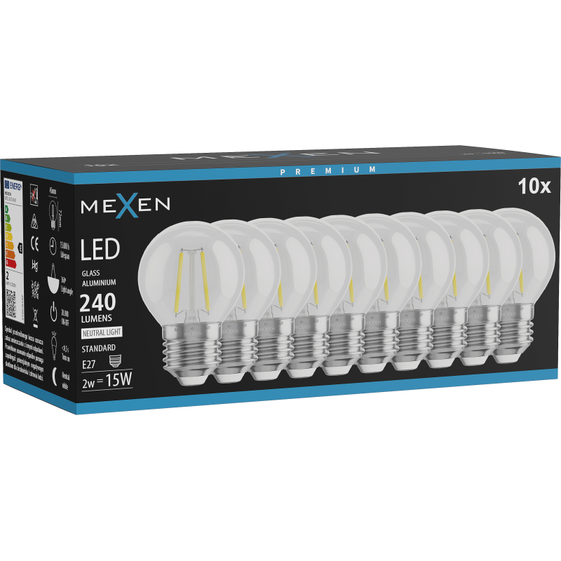 Mexen Vintis 10x LED filament spuldze E27, G45, 2W, Neitrāla - 4000K, 240 lm, caurspīdīga - L156-E14-0227-00x10