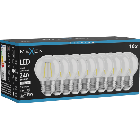 Mexen Vintis 10x Bombilla de filamento LED E27, G45, 2W, Neutral - 4000K, 240 lm, transparente - L156-E27-0227-00x10