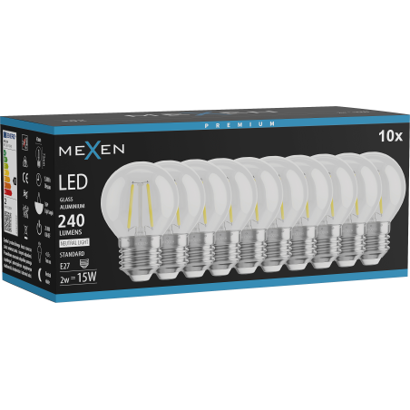 Mexen Vintis 10x LED-Filament-Glühbirne E27, G45, 2W, Neutral - 4000K, 240 lm, klar - L156-E14-0227-00x10 - L156-E27-0240-00x10