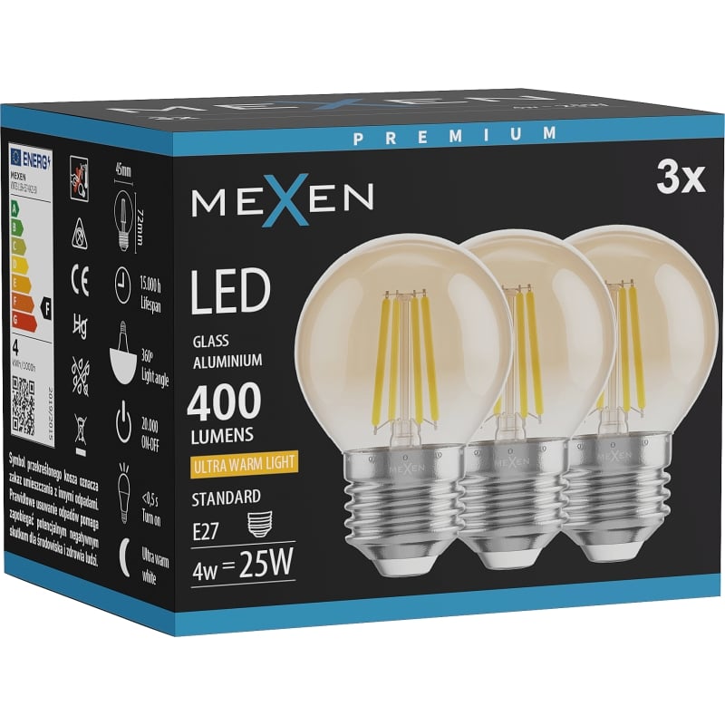 Mexen Vintis 3x Lampadina a filamento LED E27, G45, 4W, Calda - 2200K, 400 lm, ambrata - L156-E27-0422-50x03