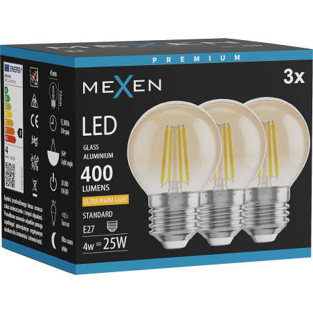 Mexen Vintis 3x Lampadina a filamento LED E27, G45, 4W, Calda - 2200K, 400 lm, ambrata - L156-E27-0422-50x03