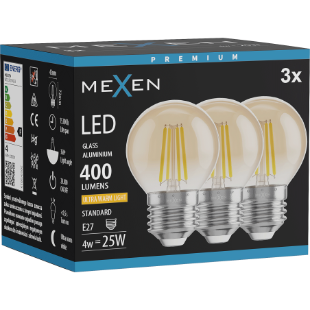 Mexen Vintis 3x LED filamenta spuldze E27, G45, 4W, Silta - 2200K, 400 lm, dzintars - L156-E27-0422-50x03