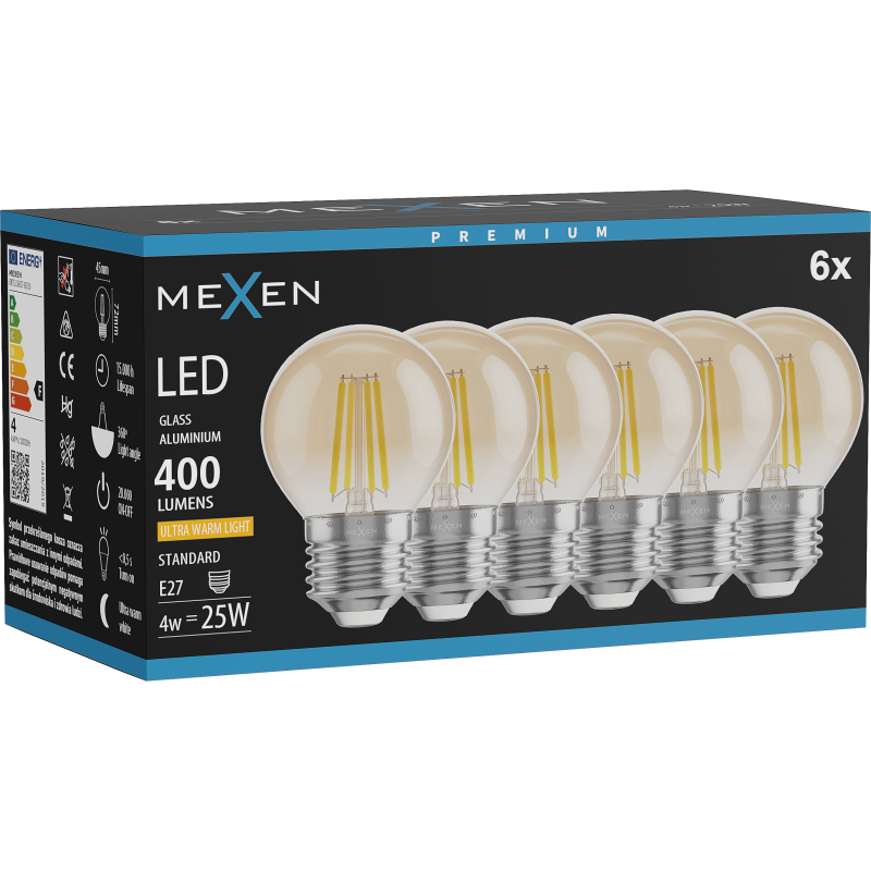 Mexen Vintis 6x Λάμπα νήματος LED E27, G45, 4W, Ζεστό - 2200K, 400 lm, κεχριμπαρένιο