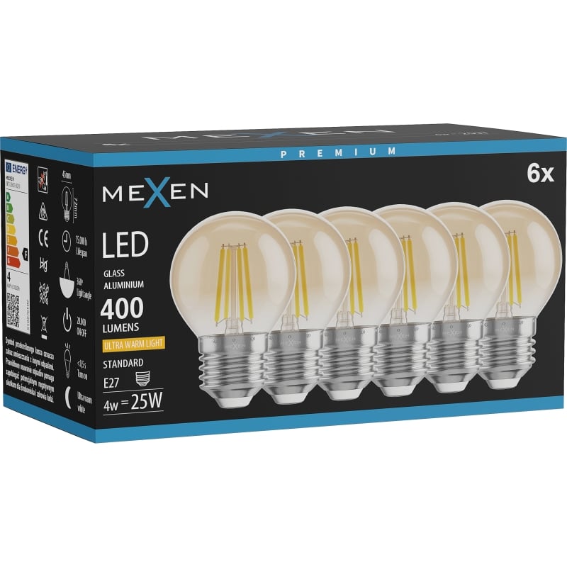 Mexen Vintis 6x LED filamentlamp E27, G45, 4W, Warm - 2200K, 400 lm, amber - L156-E27-0422-50x06