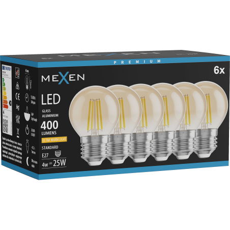 Mexen Vintis 6x LED filamentlamp E27, G45, 4W, Warm - 2200K, 400 lm, amber - L156-E27-0422-50x06