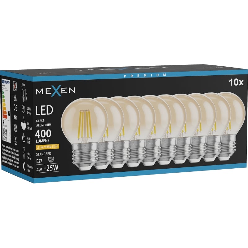 Mexen Vintis 10x LED-gloeilamp filament E27, G45, 4W, Warm - 2200K, 400 lm, amber - L156-E27-0422-50x10