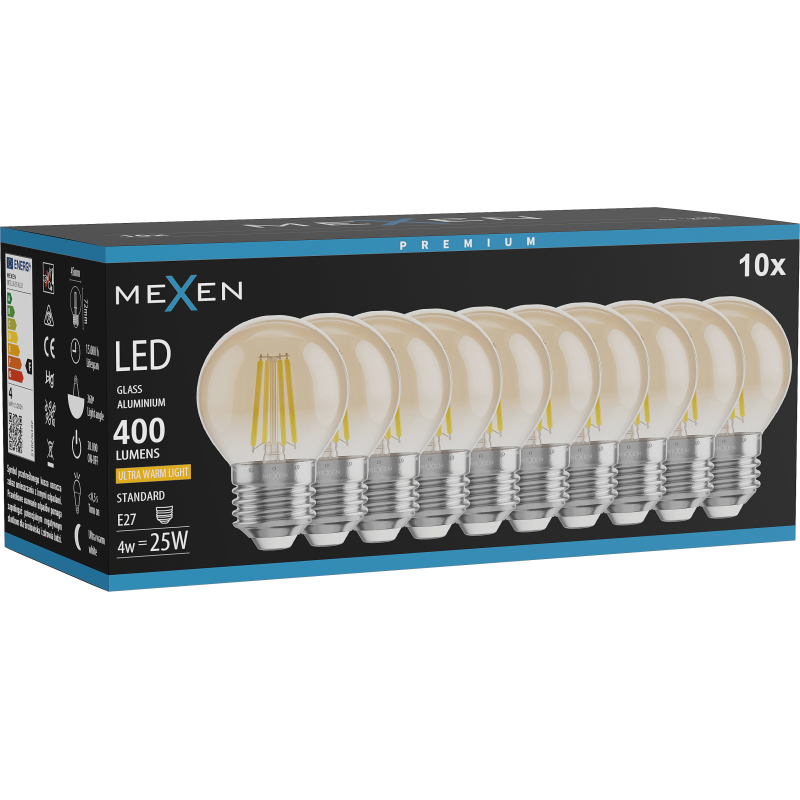 Mexen Vintis 10x LED kvēldiega spuldze E27, G45, 4W, Silts - 2200K, 400 lm, dzintara - L156-E27-0422-50x10