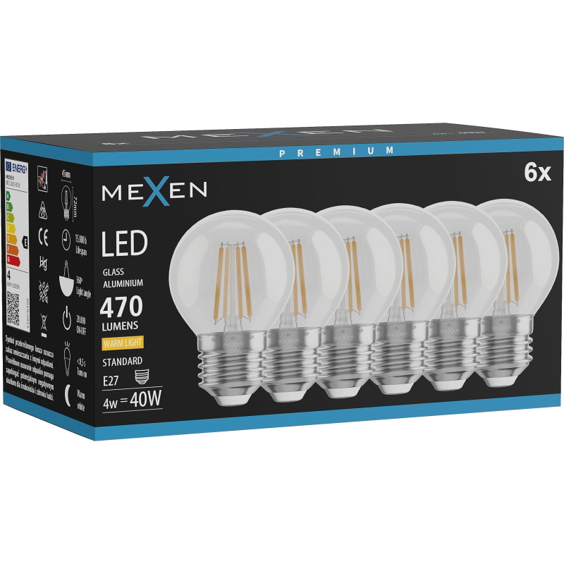 Mexen Vintis 6x Bombilla de filamento LED E27, G45, 4W, Cálida - 2700K, 470 lm, clara - L156-E27-0427-00x06