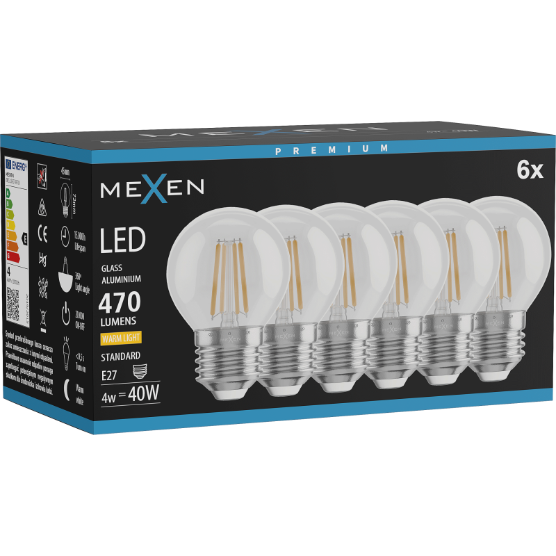 Mexen Vintis 6x LED-Filament-Glühbirne E27, G45, 4W, Warm - 2700K, 470 lm, klar - L156-E27-0427-00x06