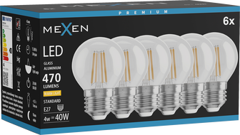 Mexen Vintis 6x LED filamentlambipirn E27, G45, 4W, Soe - 2700K, 470 lm, selge - L156-E27-0427-00x06
