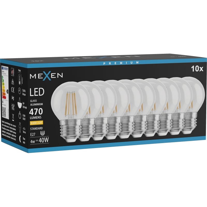 Mexen Vintis 10x LED filamentlampa E27, G45, 4W, Varm - 2700K, 470 lm, klar - L156-E27-0427-00x10