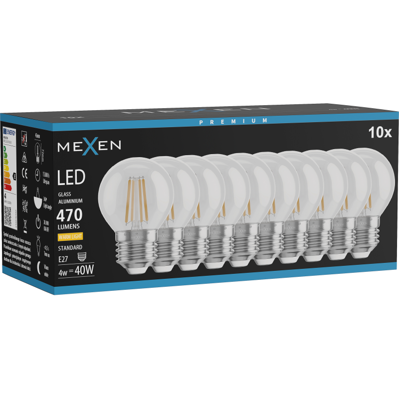 Mexen Vintis 10x LED kvēldiega spuldze E27, G45, 4W, Silta - 2700K, 470 lm, caurspīdīga - L156-E27-0427-00x10