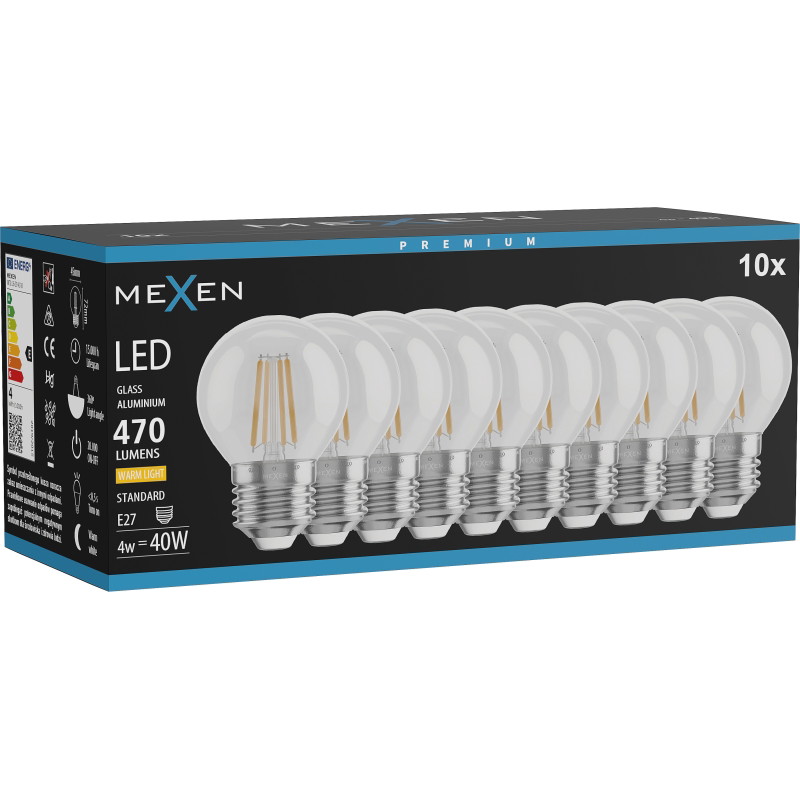 Mexen Vintis 10x żarówka filament LED E27, G45, 4W, Ciepła - 2700K, 470 lm, clear - L156-E27-0427-00x10