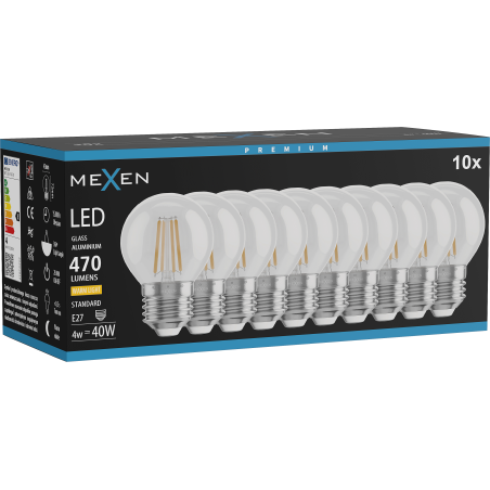 Mexen Vintis 10x Lampadina LED a filamento E27, G45, 4W, Luce Calda - 2700K, 470 lm, trasparente - L156-E27-0427-00x10