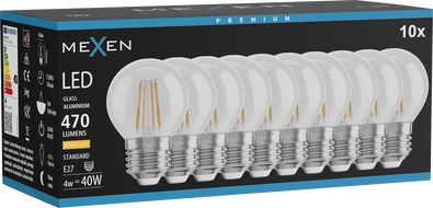 Mexen Vintis 10x LED-filamentpirn E27, G45, 4W, Soe - 2700K, 470 lm, läbipaistev - L156-E27-0427-00x10