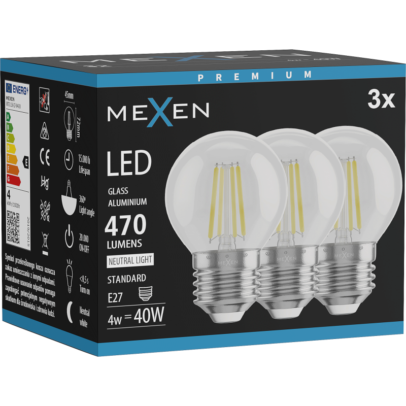 Mexen Vintis 3x LED filamentna žarnica E27, G45, 4W, Nevtralna - 4000K, 470 lm, prozorna - L156-E27-0427-00x03