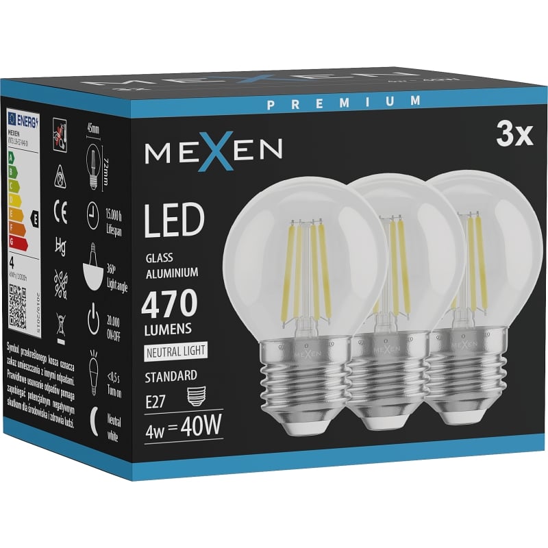 Mexen Vintis 3x żarówka filament LED E27, G45, 4W, Neutralna - 4000K, 470 lm, clear - L156-E27-0427-00x03