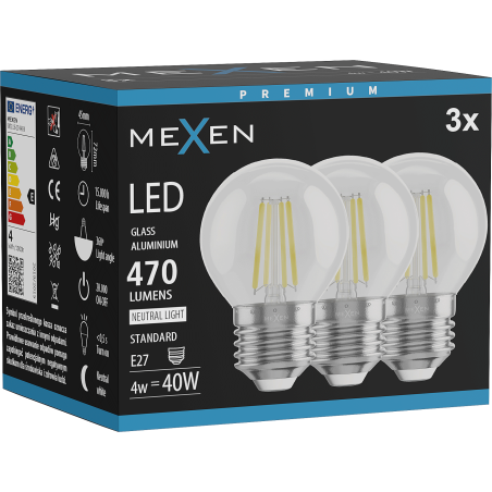 Mexen Vintis 3x żarówka filament LED E27, G45, 4W, Neutralna - 4000K, 470 lm, clear - L156-E27-0427-00x03