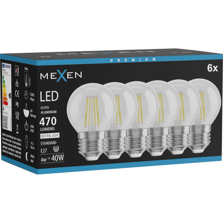 Mexen Vintis 6x LED kvēldiega spuldze E27, G45, 4W, Neitrāla - 4000K, 470 lm, caurspīdīga - L156-E27-0427-00x06