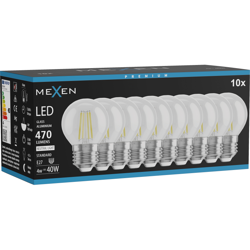 Mexen Vintis 10x LED filament žarnica E27, G45, 4W, Nevtralna - 4000K, 470 lm, prozorna - L156-E27-0427-00x10