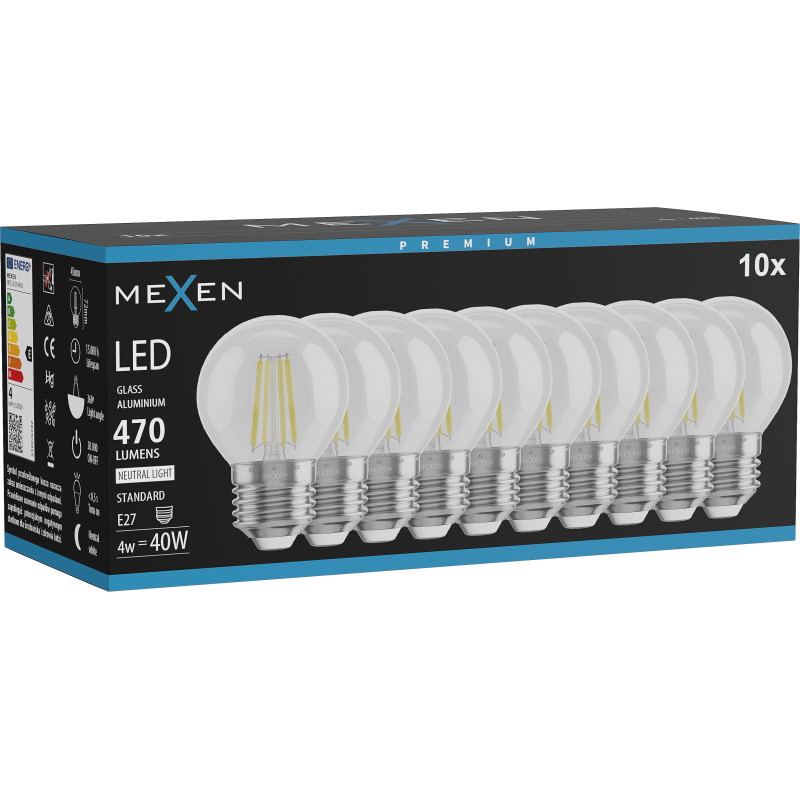 Mexen Vintis 10x LED filamentlamp E27, G45, 4W, Neutraal - 4000K, 470 lm, helder - L156-E27-0427-00x10 - L156-E27-0440-00x10