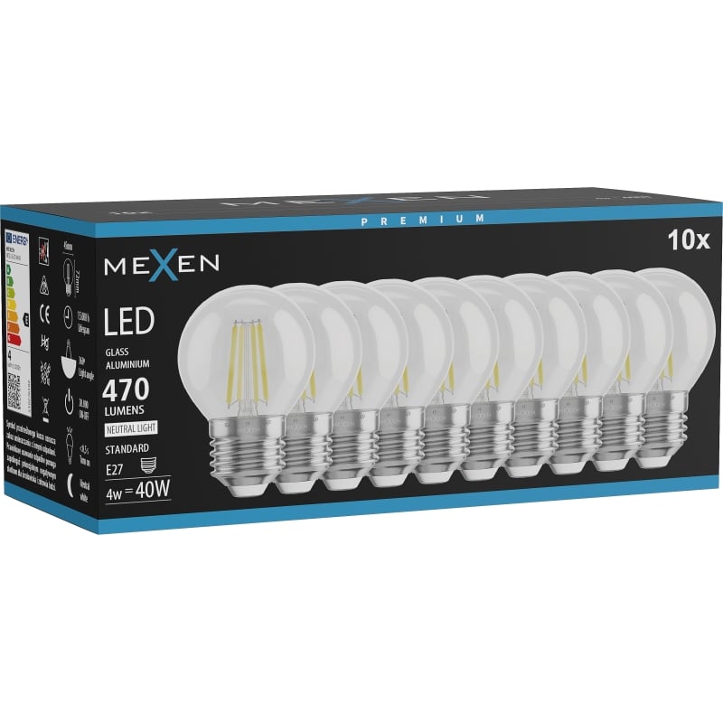 Mexen Vintis 10x LED Filamentlampe E27, G45, 4W, Neutral - 4000K, 470 lm, klar - L156-E27-0427-00x10 - L156-E27-0440-00x10