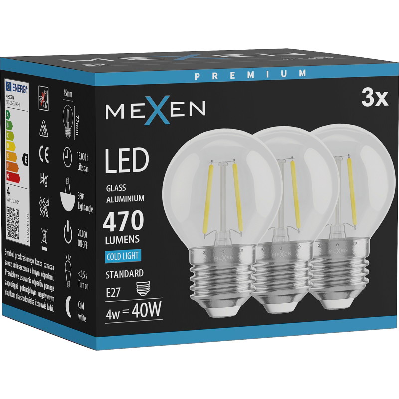 Mexen Vintis 3x bombilla filamento LED E27, G45, 4W, Fría - 6500K, 470 lm, clara - L156-E27-0465-00x03