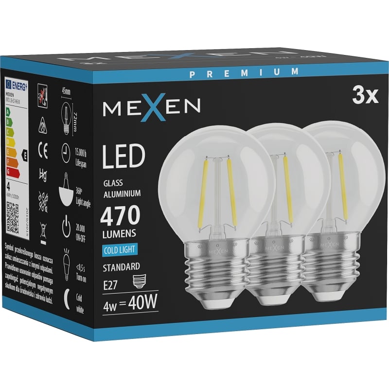 Mexen Vintis 3x żarówka filament LED E27, G45, 4W, Zimna - 6500K, 470 lm, clear - L156-E27-0465-00x03